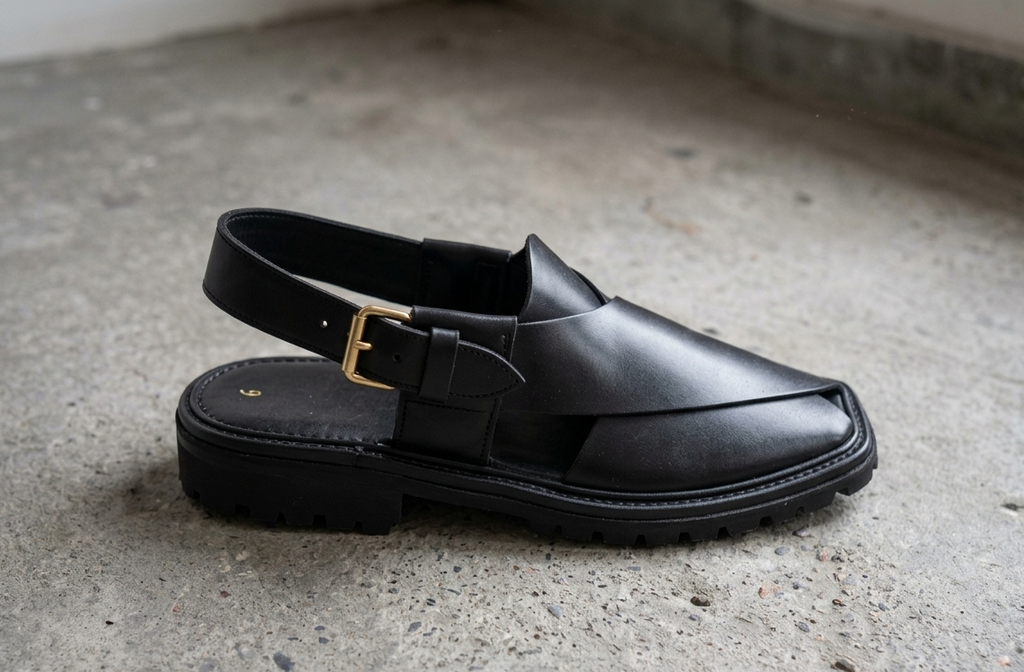 Premium Black Leather Peshawari Chappal – Classic Handmade Design for Men
