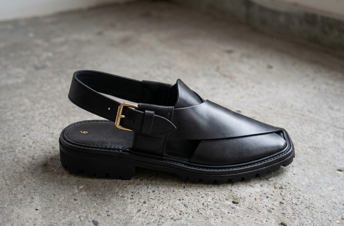 Premium Black Leather Peshawari Chappal – Classic Handmade Design for Men