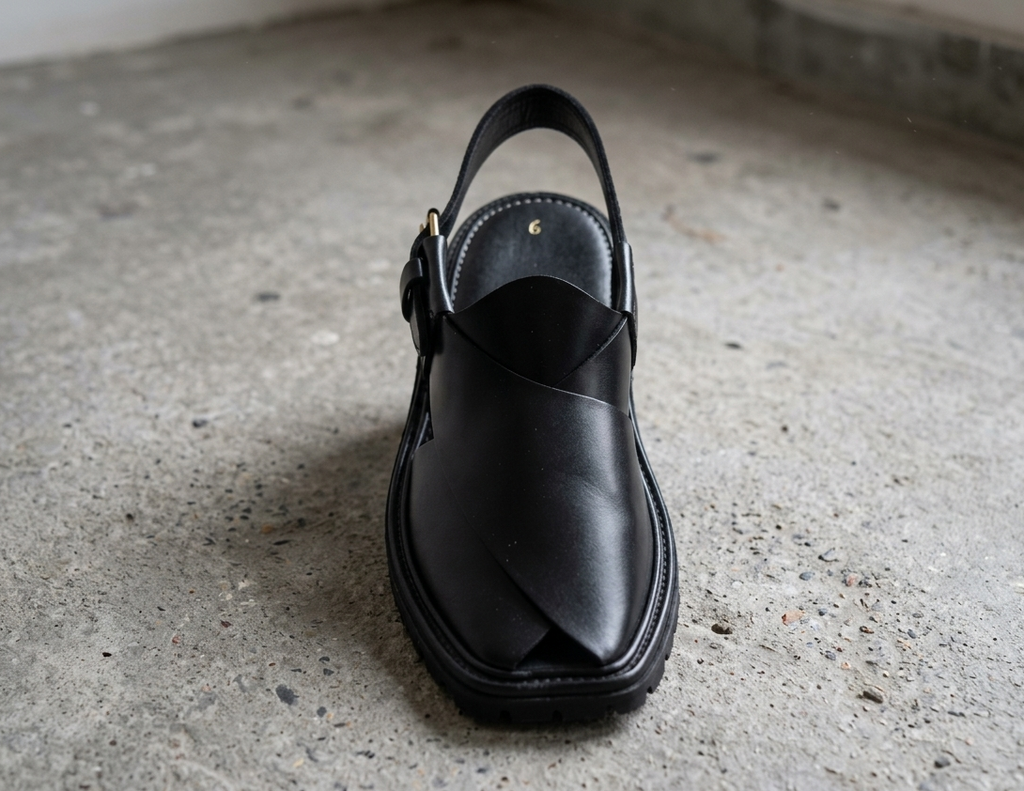 Premium Black Leather Peshawari Chappal – Classic Handmade Design for Men