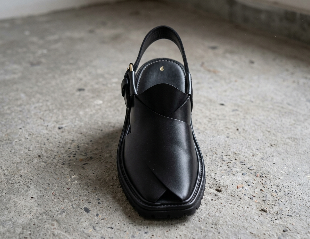 Premium Black Leather Peshawari Chappal – Classic Handmade Design for Men