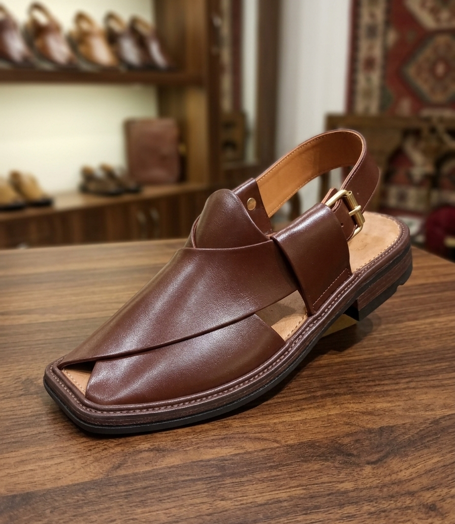 Brown sandal with wooden strap on a wooden surface, blurred shoe rack in the background