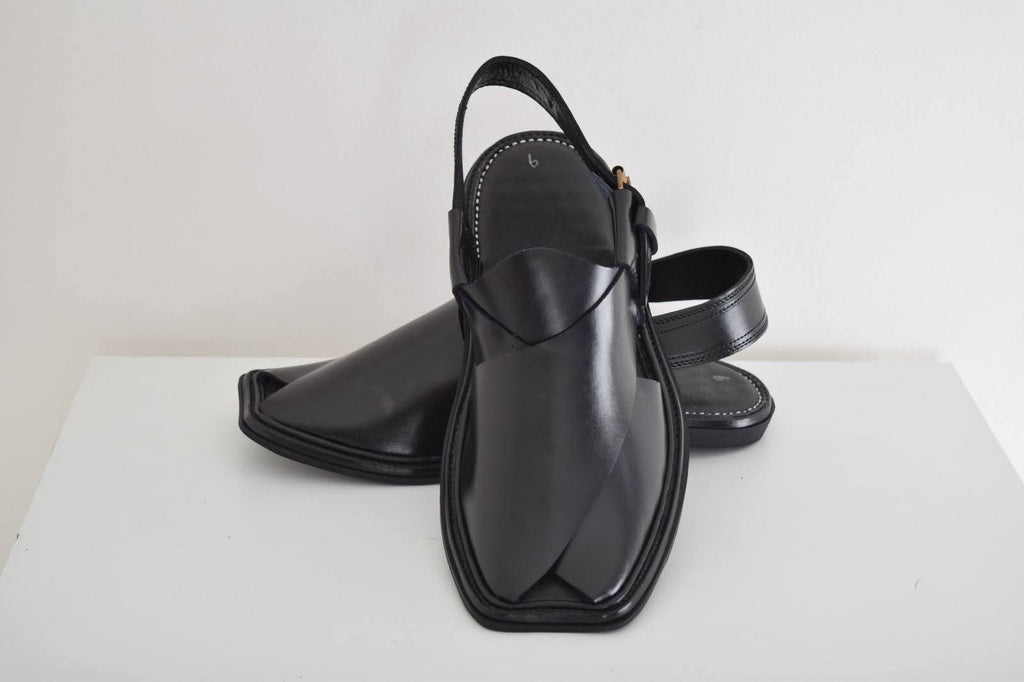 Premium Black Leather Peshawari Chappal – Classic Handmade Design for Men